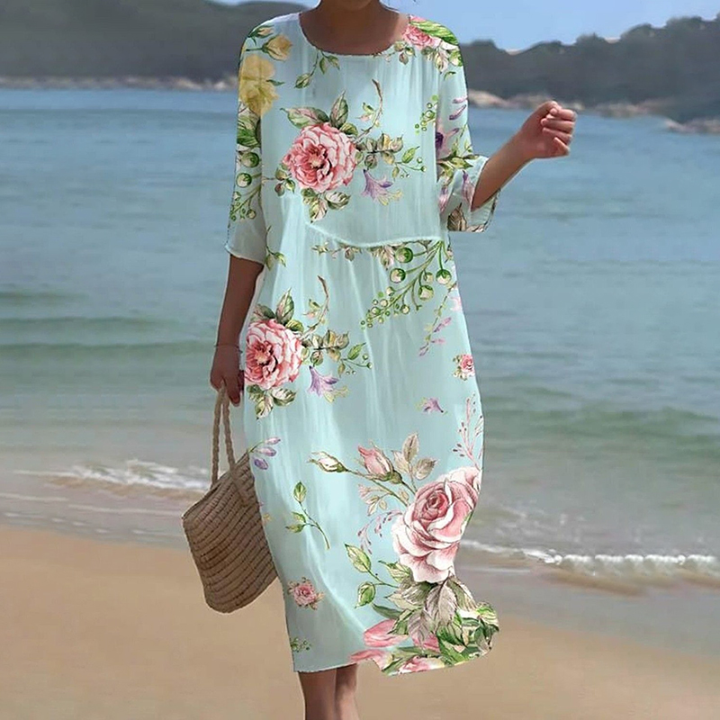 Vintage Floral Art Linen Blend Loose Linen Dress wearshes