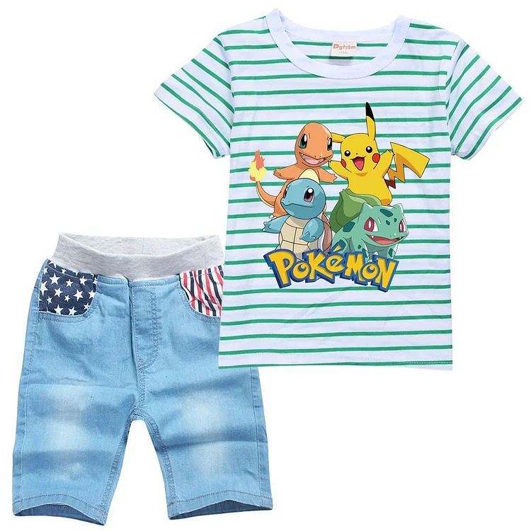 Girls Striped Pikachu Pokemon Print Boys T Shirt Denim Shorts Sets-Mayoulove