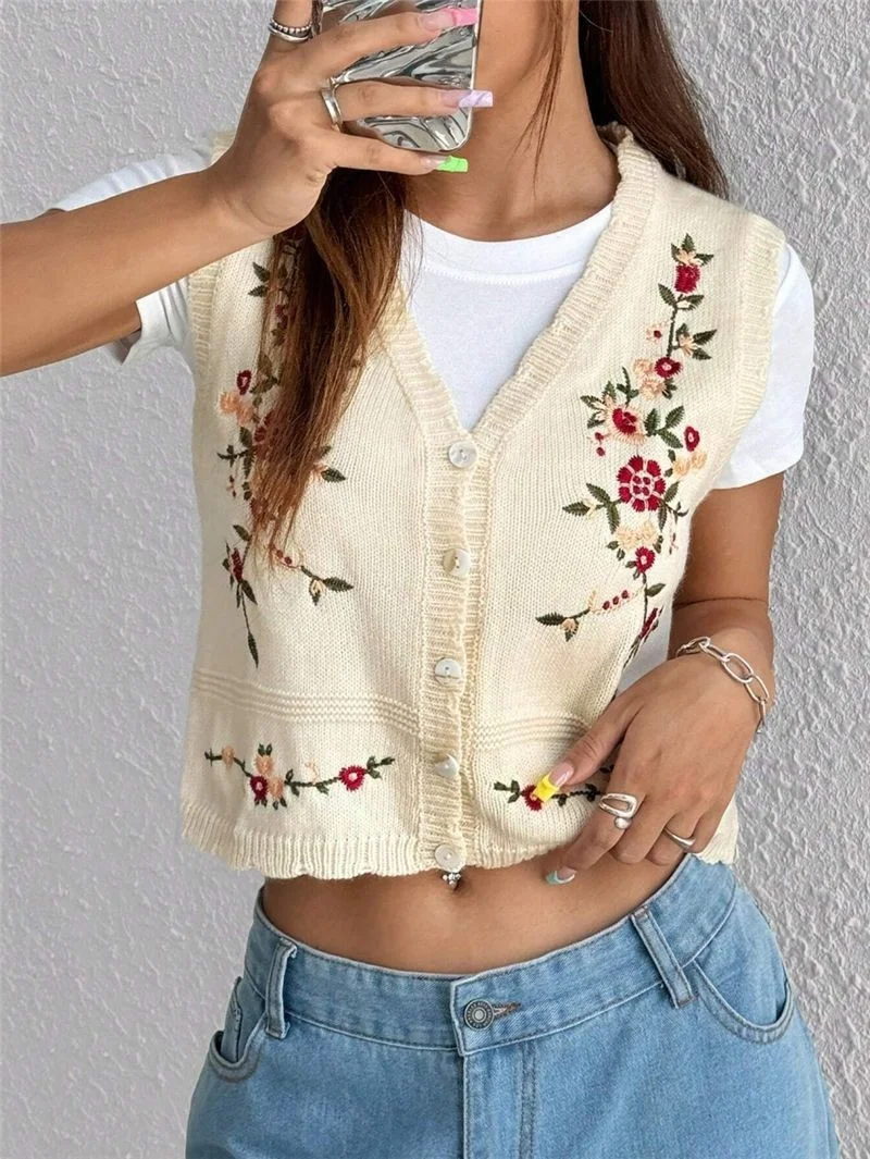 Athvotar Athvotar Fashion New Casual Embroidery Embroidery Knitted Sweater Women's Vest