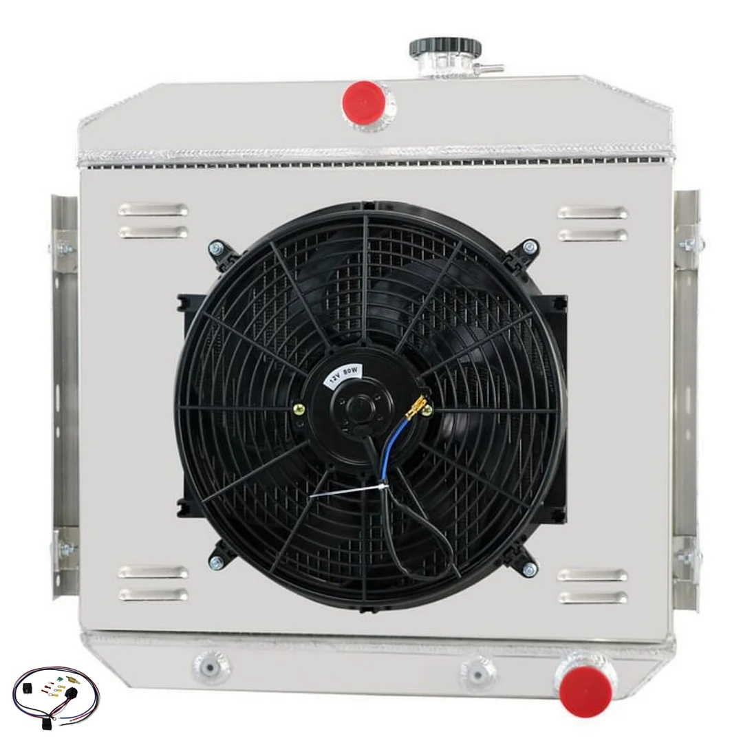 Alloyworks 3 Row Aluminum Radiator with Shroud Fan Relay For 1955-1957 Chevrolet Bel Air Nomad L6 24-1/2"H x 23-3/4"W