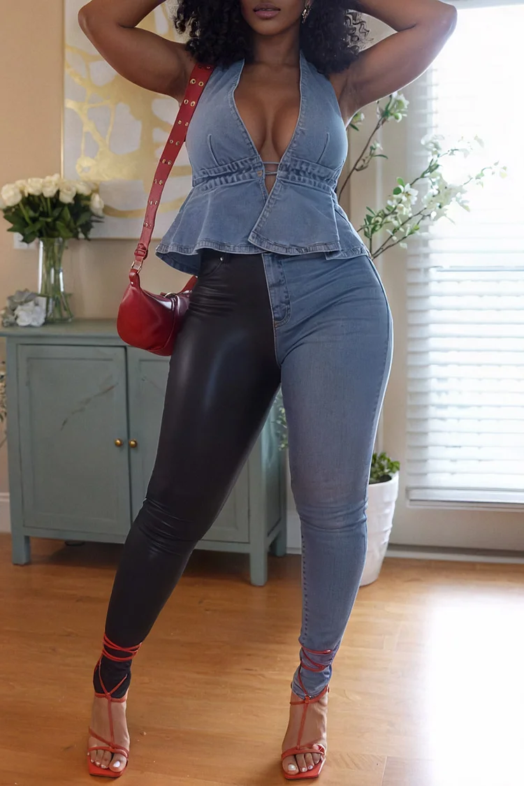 Plus Size Daily PU Leather Light Blue Pocket Casual Contrast Denim Jeans [Pre-Order]