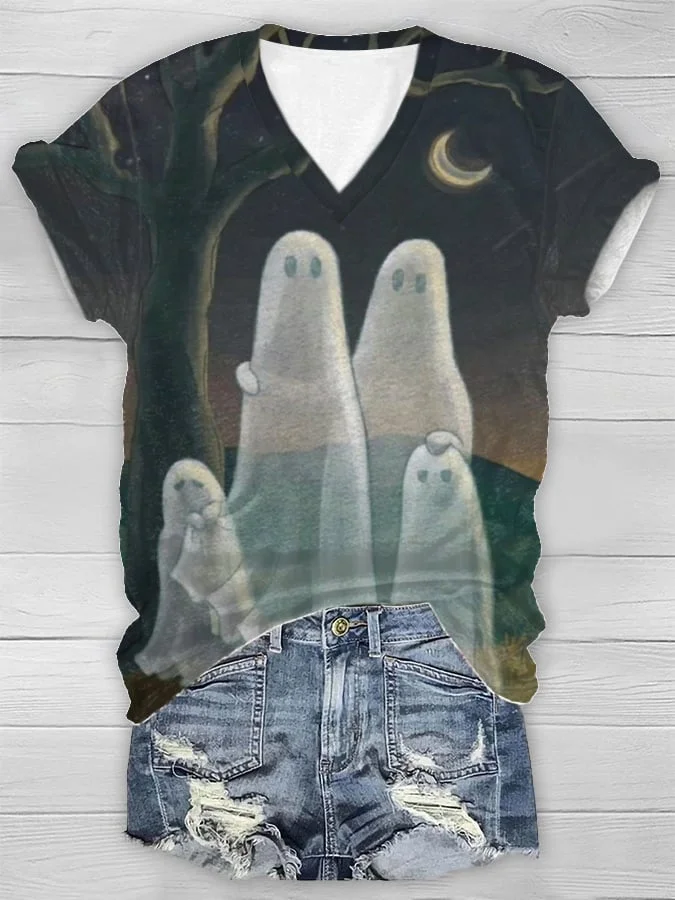 Halloween Women's Ghost Print Short Sleeve T-Shirt