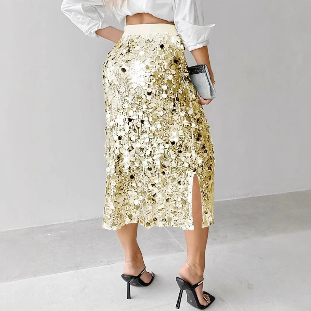 Silver Round Sequin Elastic Waist Midi Pencil Skirt
