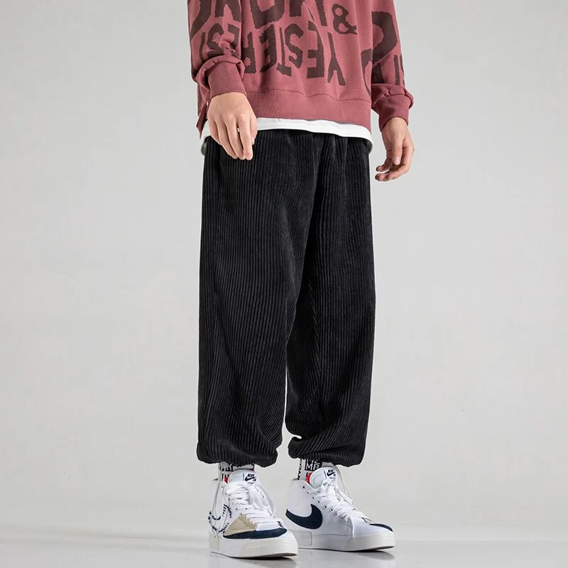 Wongn Casual Tie Leg Straight Pants Corduroy Solid Color Oversize Trousers Man Warm Korean Streetwear Pants Mens Wide Leg Pants