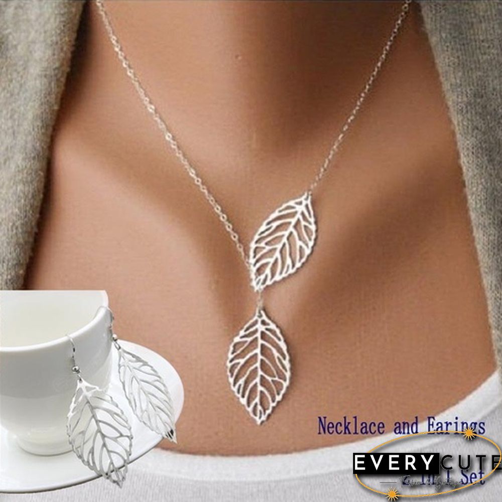 2 in 1 Set Leaves Necklace and Earings Fashion Women Jewelry Set Forest Style Double Leaves Silver Necklace