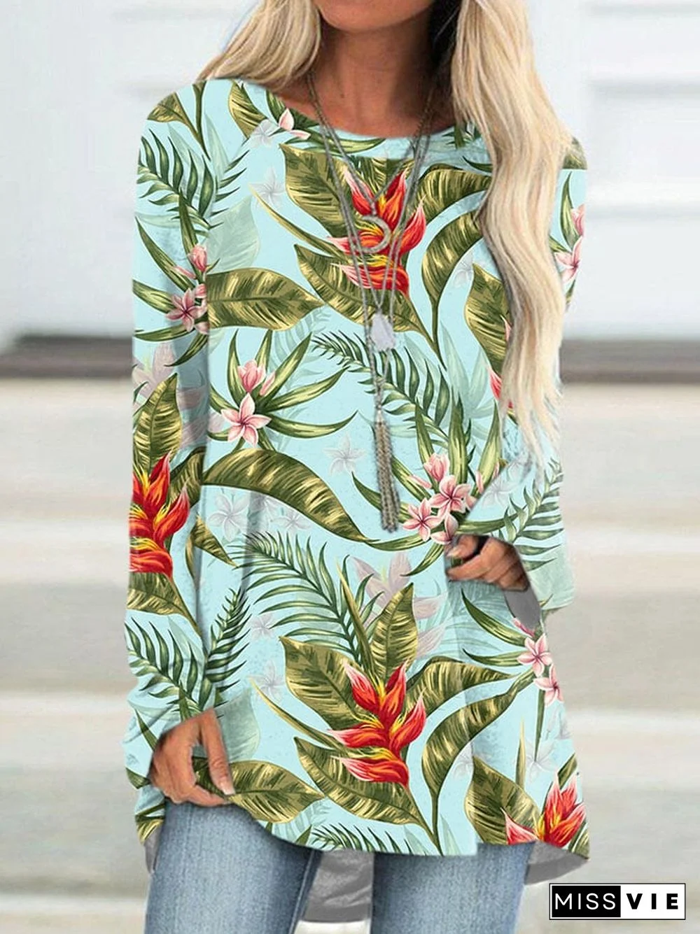 Retro Tropical Plant Flower Print Irregular Tops