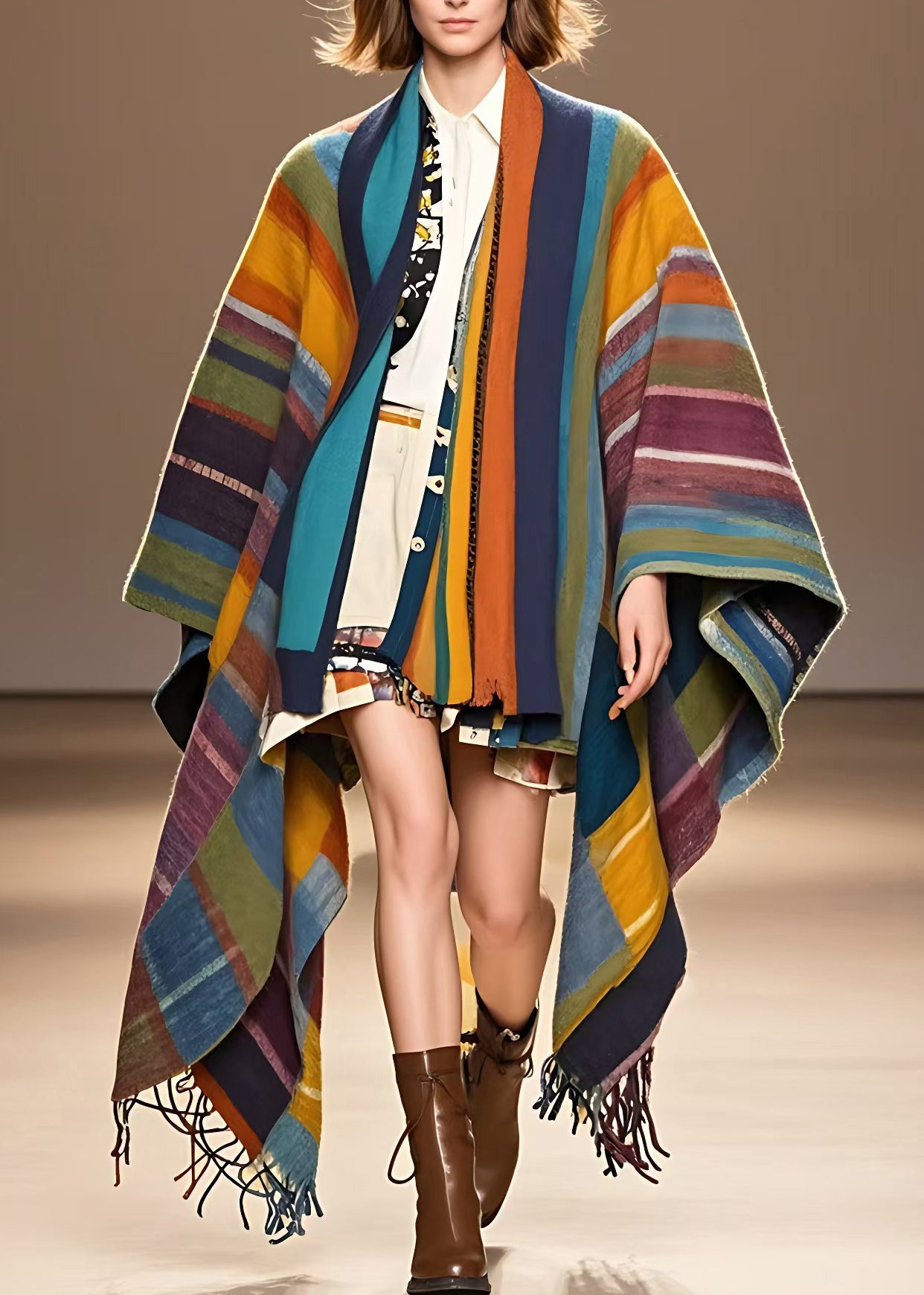 VCSHOES Colorblock V Neck Striped Tassel Woolen Long Coats Long Sleeve