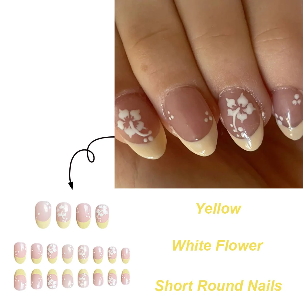 Churchf Churchf Short Round Nail Yellow Flower French Fake Nails Finished Wear Nail Removable Nail