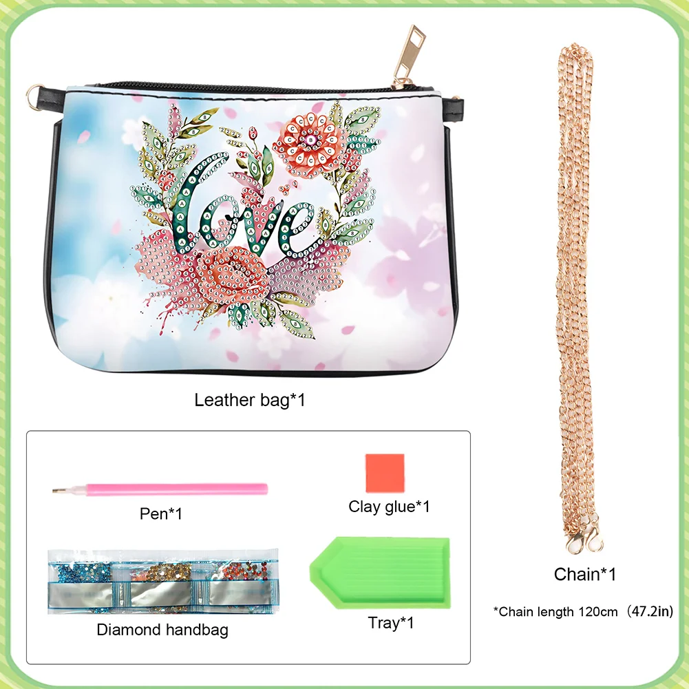 5D DIY Flower Love Diamond Painting Coin Chain Purse Diamond Handmade Crossbody Bag