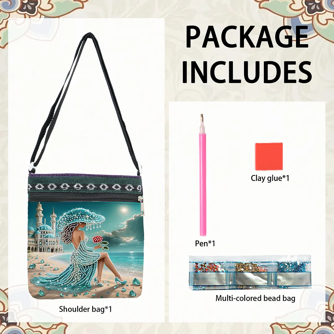 Beach Lady DIY Canvas Diamond Art Painting Crossbody Bag Ethnic Style Crystal Rhinestone Art Handbag with Adjustable Strap for Adults Beginners Shopping Gift