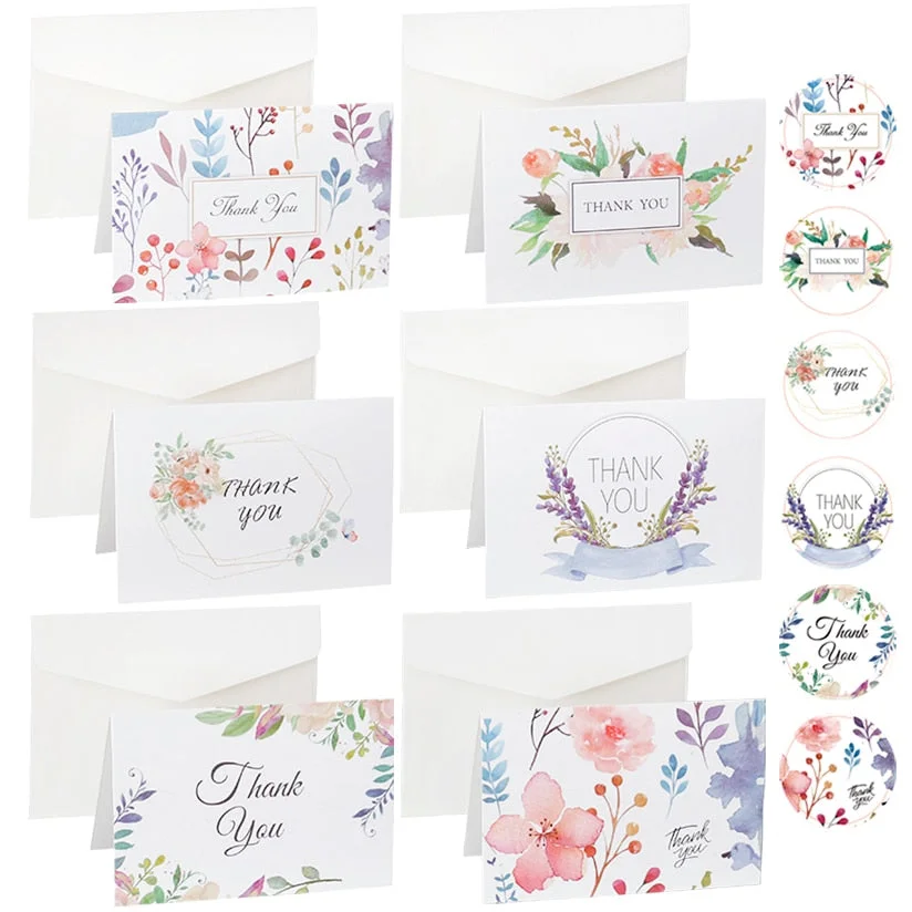 Christmas Gift 6sets Flower Thank you Cards Wedding Party Invitation Greeting Cards with Envelopes Stickers Blank inside Postcard Folding Cards