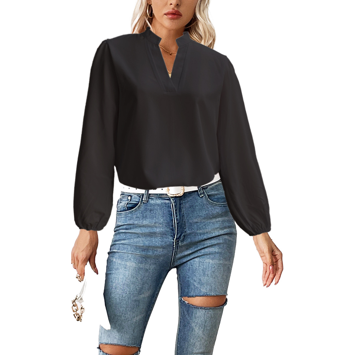 Mature Women Stand Collar Bubble Long Sleeve Loose Shirt Top