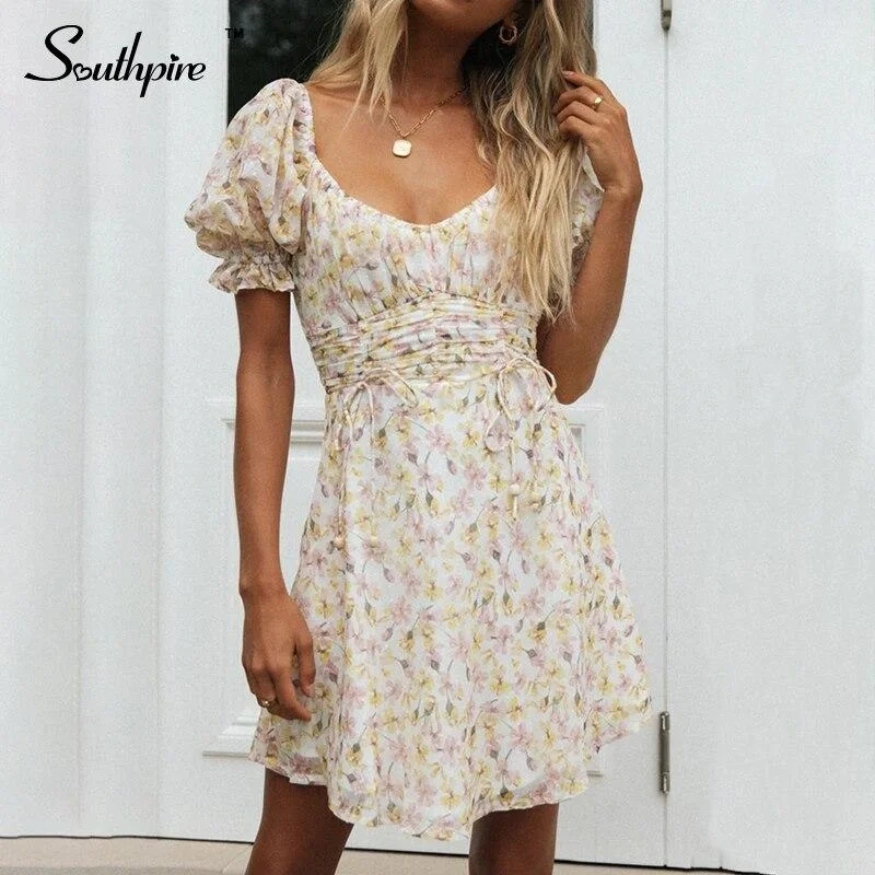 Back To College Southpire Women's Square Collar Yellow Flower Print Chiffon Dress Puff Sleeve High Waist Summer Dress Casual Day Ladies Clothes
