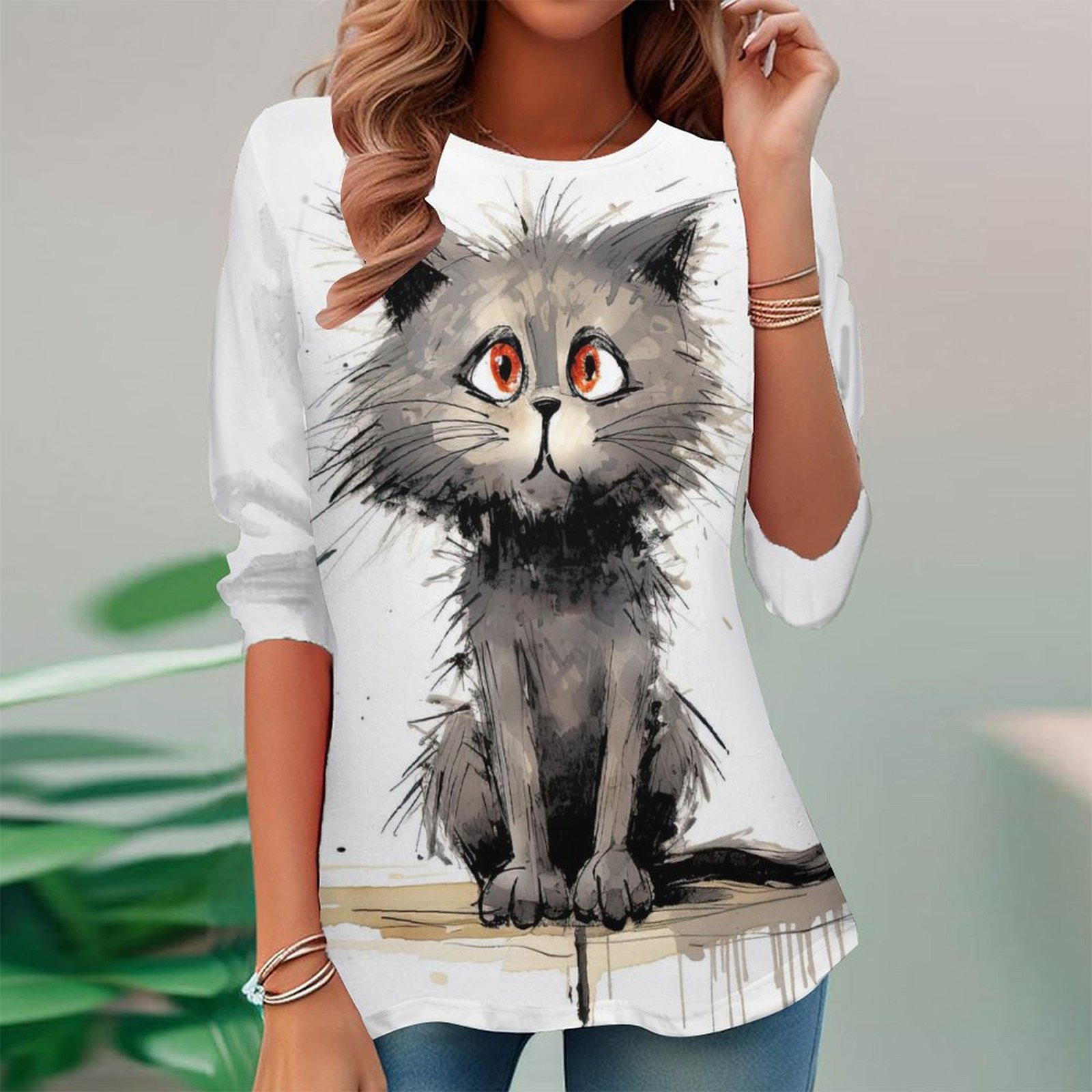 Women Long Sleeve V-neck Graphic Floral Printed Top