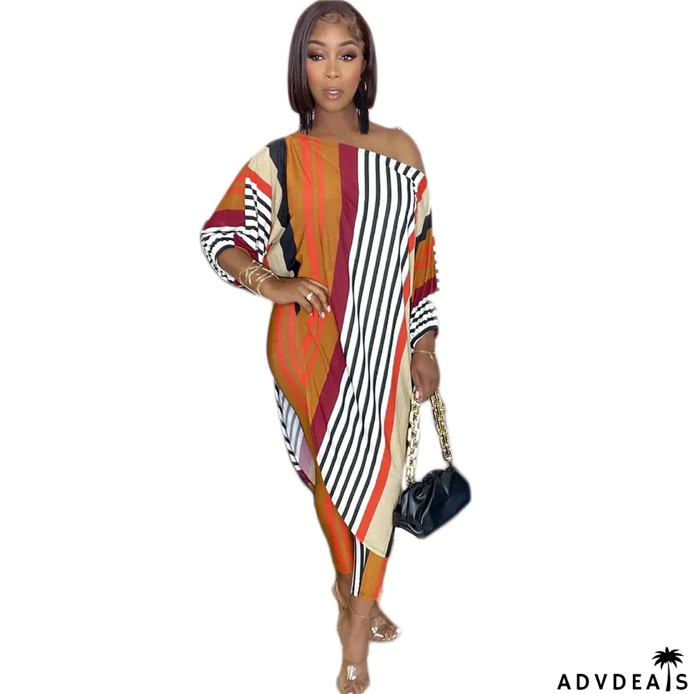 Women's Fashion Casual Loose Plus Size Slash Shoulder Pant Two Piece