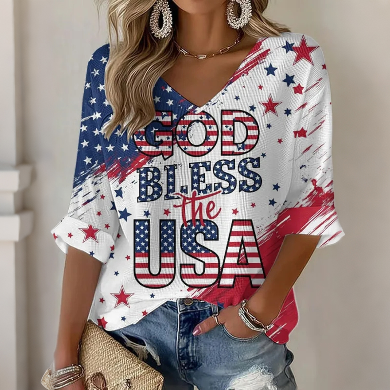  Women's Vintage Flag God Bless Usa Art  Three-quarter Sleeve V Neck Linen Tops Westsshops