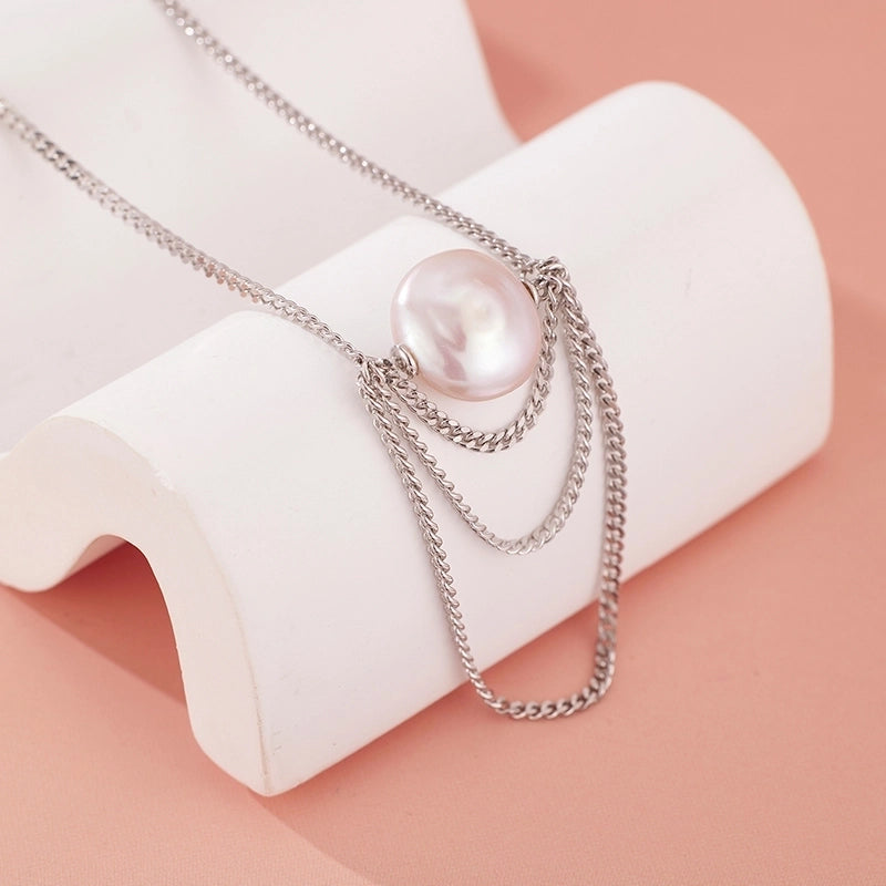 925 Sterling Silver 925 Sterling Silver Long-Lasting Plated Baroque Pearl Tassel Plating Inlay Solid Color Pendant Necklace