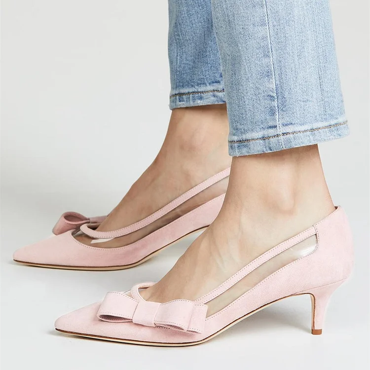 Light Pink Kitten Heels Vegan Suede transparent PVC Bow Pumps |FSJ Shoes