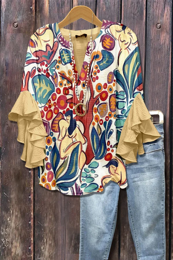 Chic Print Ruffle Sleeve Top