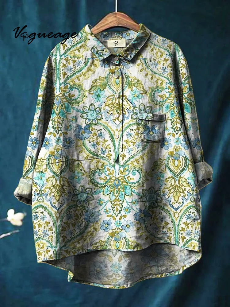 Bright And Elegant Plants And Flowers Print Cotton And Linen Shirt