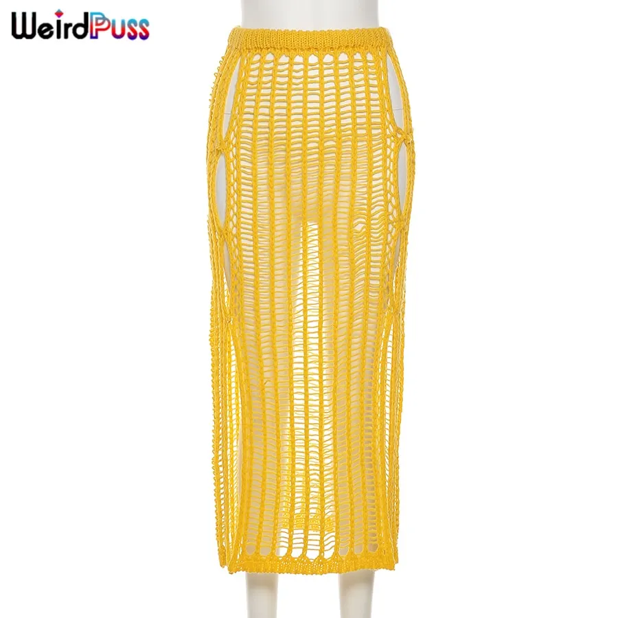 Weird Puss Summer Knitting Sexy Long Skirt Women Elastic See-Through Hollow Out Grid Party Streetwear Bottom Solid Color Outfits