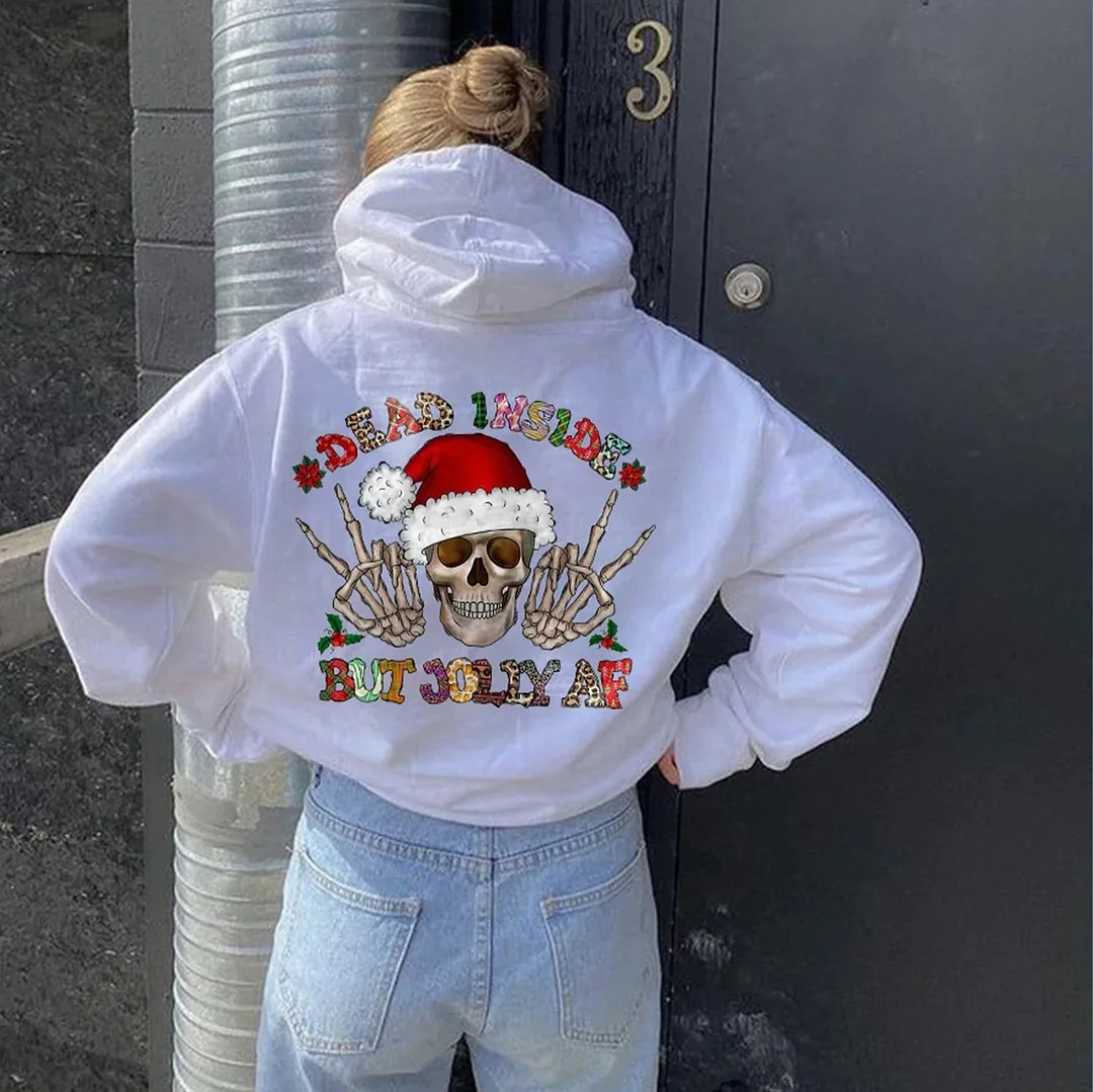 DEAD INSIDE BUT JOLLY AF Skull with Christmas Hat  White Print Hoodie