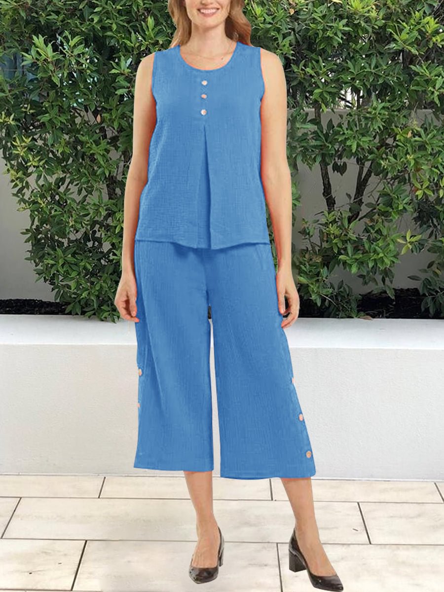 Crew Neck Fashion Loose Simple Color Sleeveless Suit