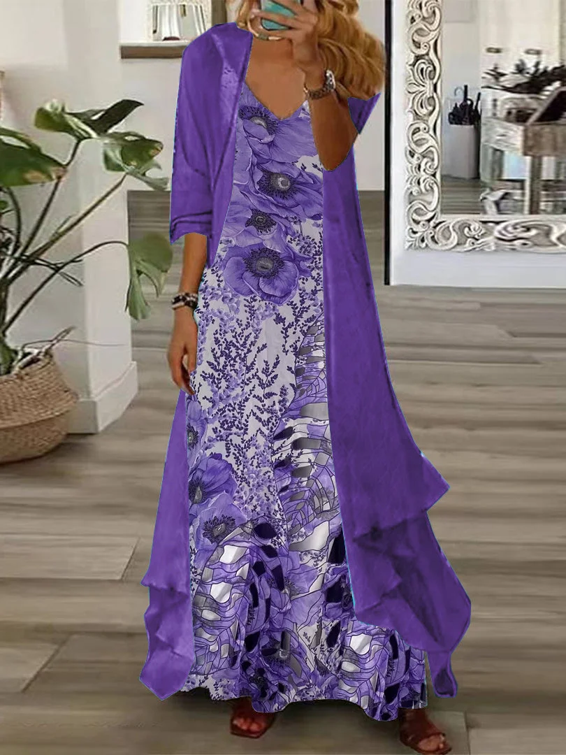 Women's Long Sleeve V-neck Floral Printed Two Pieces Maxi Dress