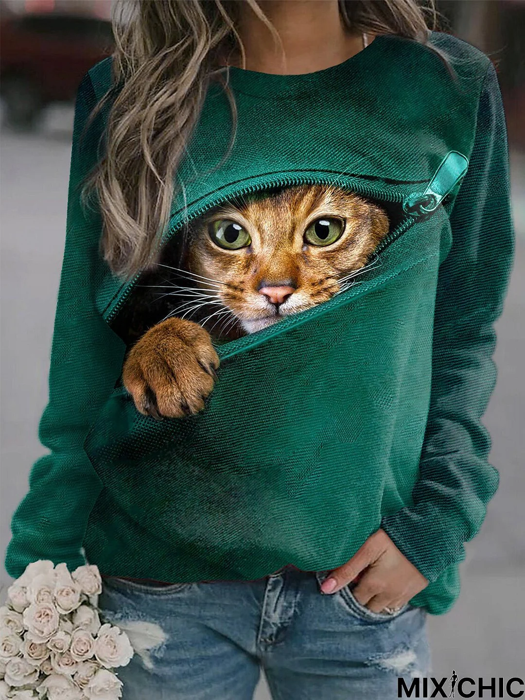 Casual Cat Long Sleeve Round Neck Printed Top Sweatshirt