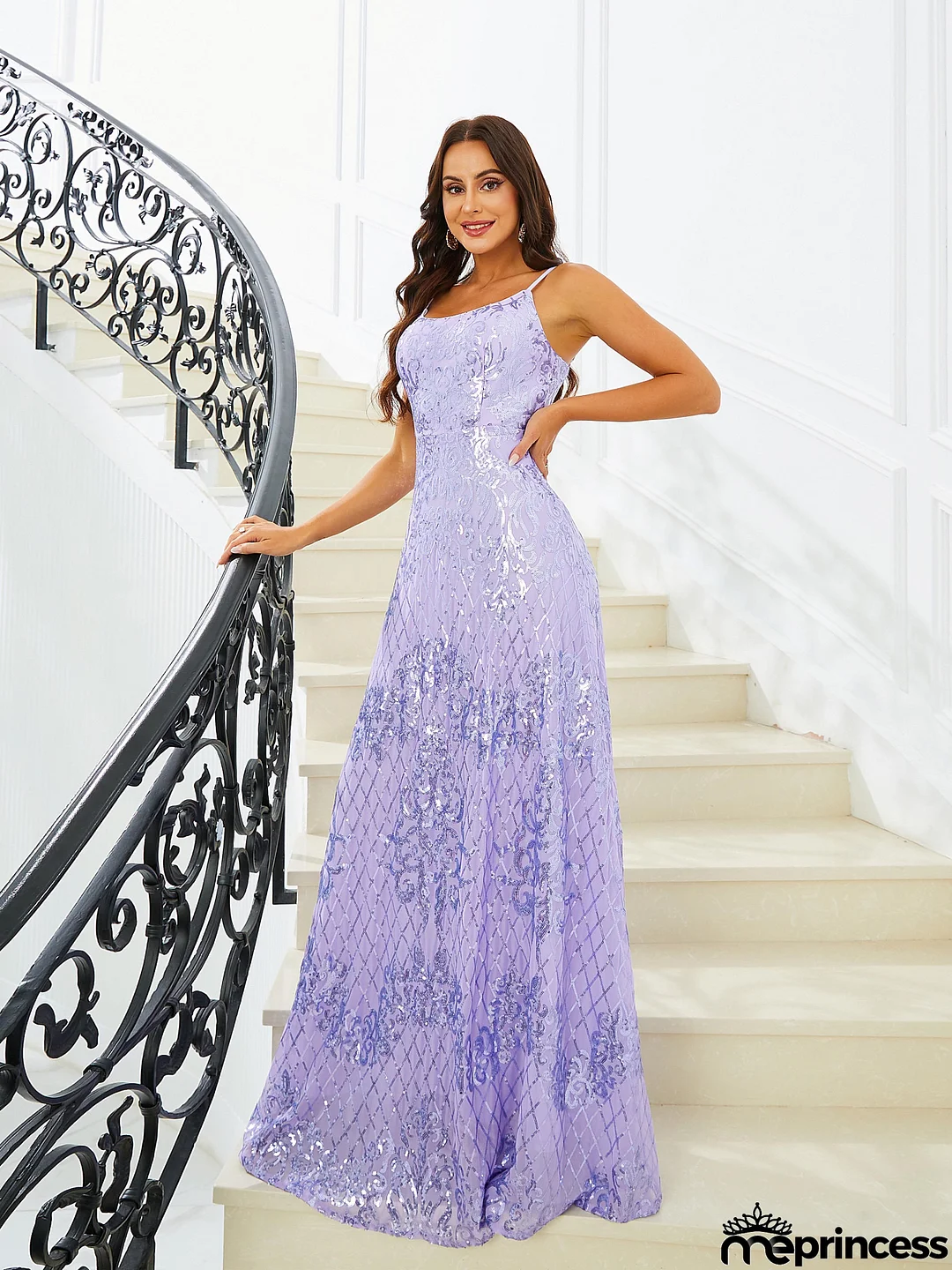 A-Line Spaghetti Sequin Evening Dress RJ10546