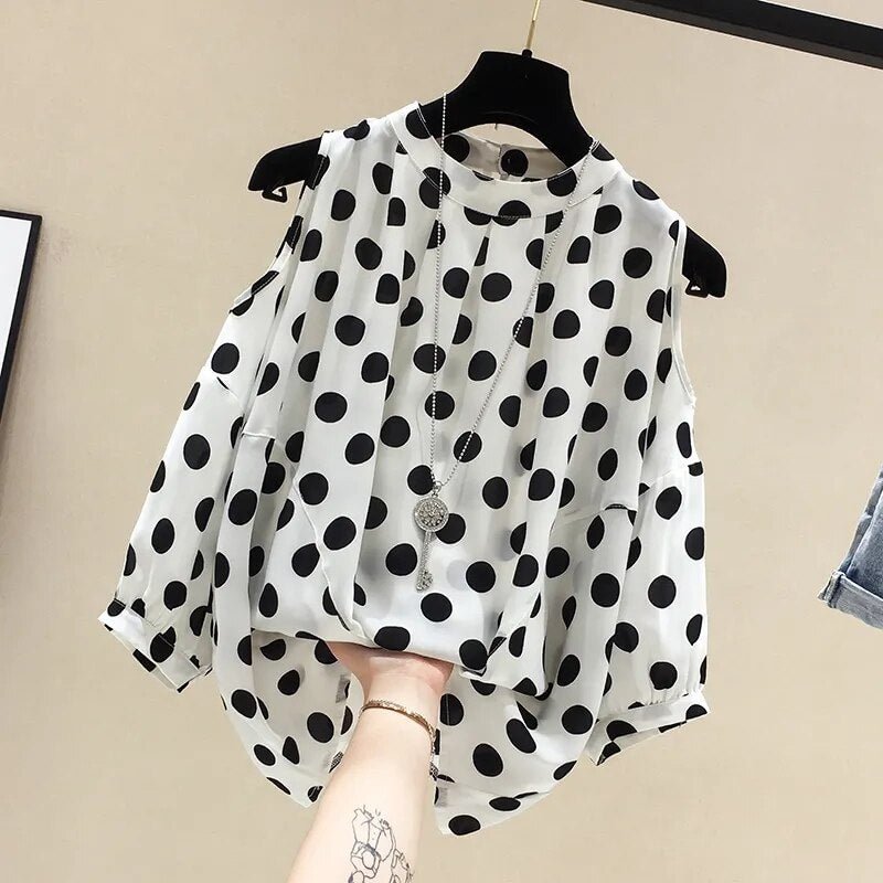 Retro blouse women's large size summer new style Korean fashion loose lantern sleeves strapless polka dot printed chiffon shirt