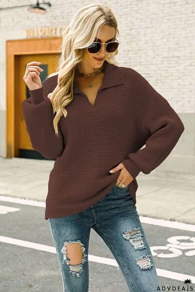 Ribbed Johnny Collar Pullover Sweater