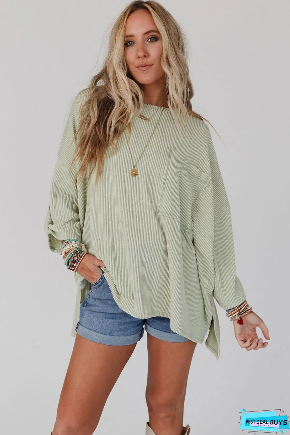 Ribbed Roll-tab Sleeve Oversize Top