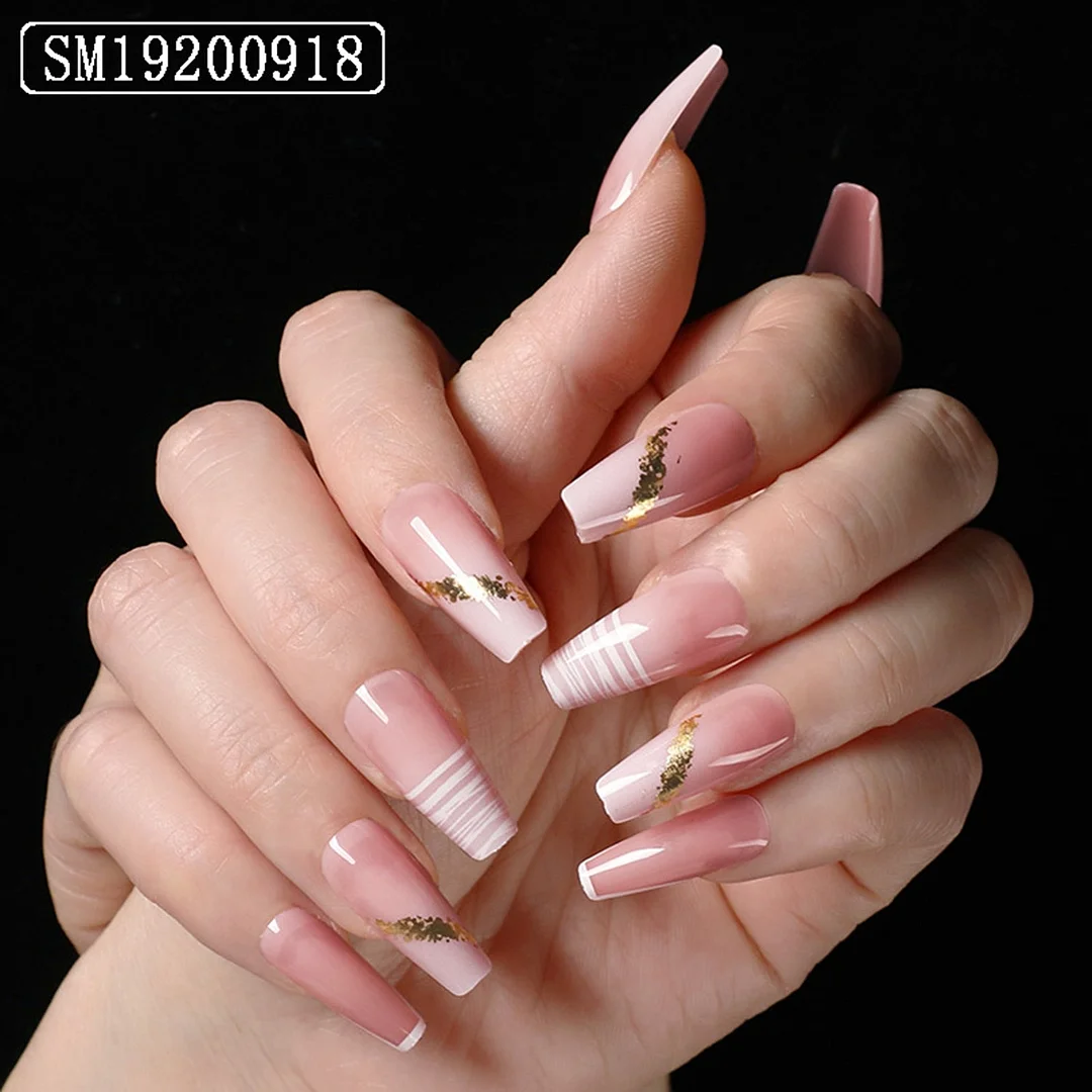 Artificial Glitter Pink Graffiti Detachable Long Almond False Nails Wearable Fake Nails Full Cover Nail Tips Press On Nails 24pc-Nail Inspo