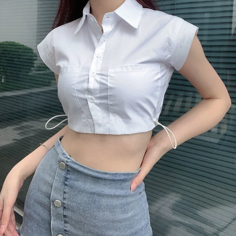 Brownm 2022 Summer Y2K Short Sleeve White Shirt Women Sexy Button Ladies Crop Tops Street Style Party Female Blouse Clothing