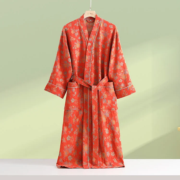 Kimono Cotton Gauze Floral Bathrobe Radinnoo.com