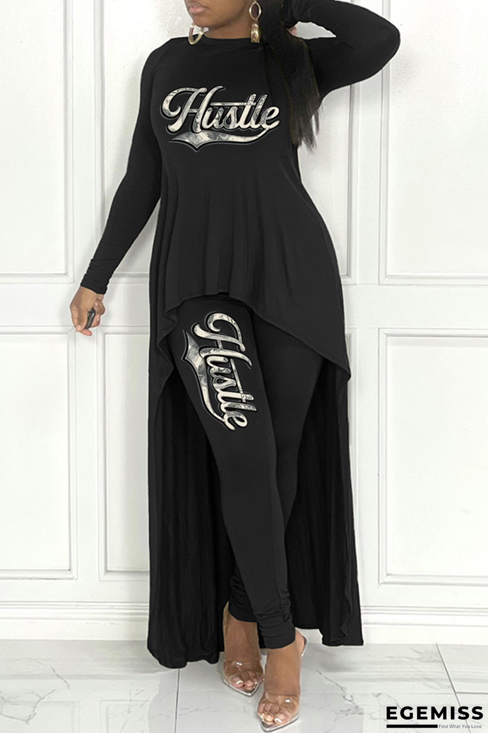 Black Casual Print Patchwork O Neck Long Sleeve Two Pieces | EGEMISS