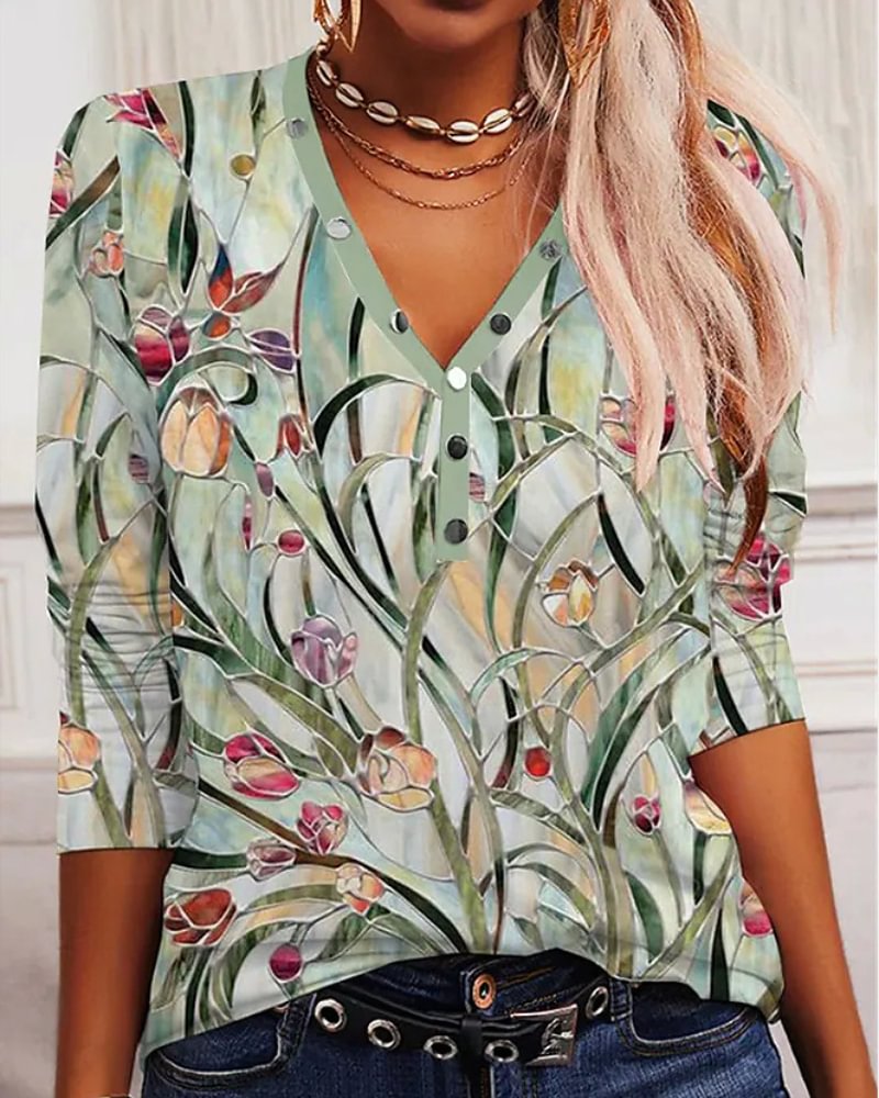 Casual V-neck Vintage Print Long-sleeved T-shirt