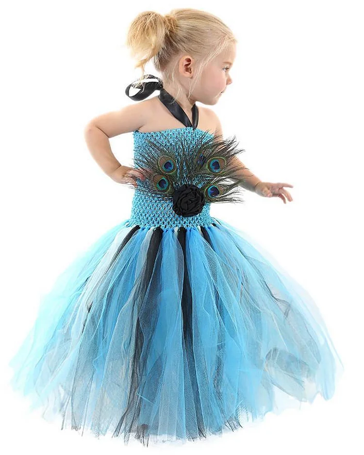Girls Halter Knitted Top Peacock Tulle Dress Party School Play Costume-Mayoulove