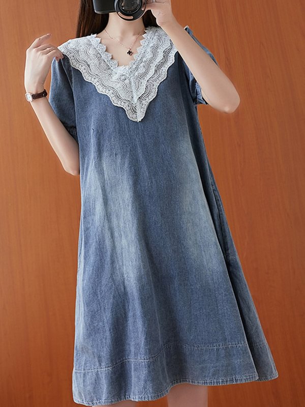 Original Split-Joint Lace V-Neck Denim Mini Dress