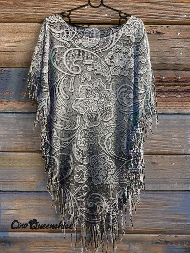 Vintage Lace Floral Print Fringes Poncho Multicolor / S