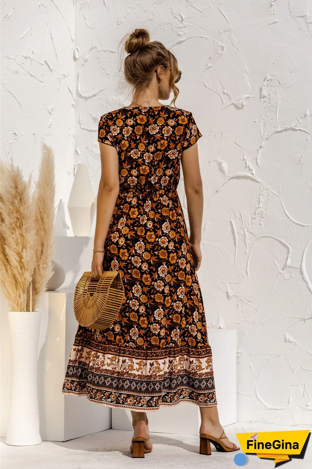 Short Sleeve V Neck Floral Maxi Dress