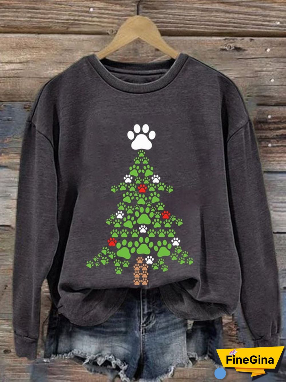 Women's Dogs Paws Christmas Tree Print Casual Sweatshirt