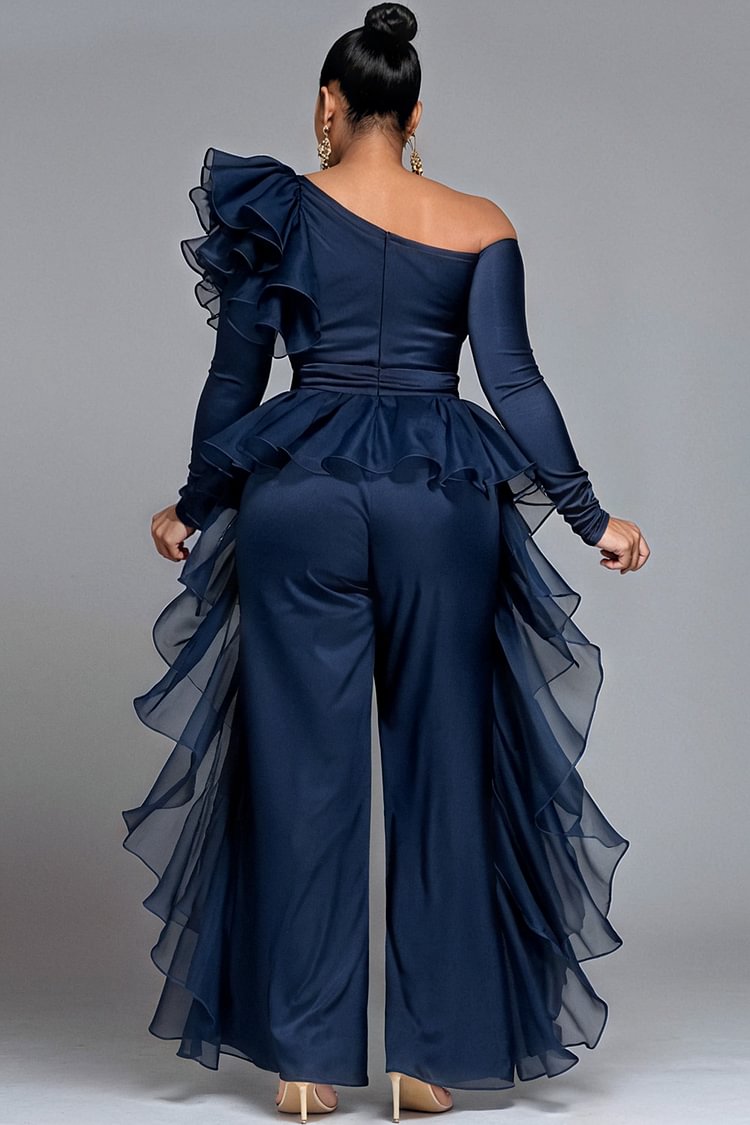 Xpluswear Design Plus Size Wedding Guest Tulle Blue Oblique Collar Long Sleeve Ruffle Elegant Pocket Satin Jumpsuits [Pre-Order]