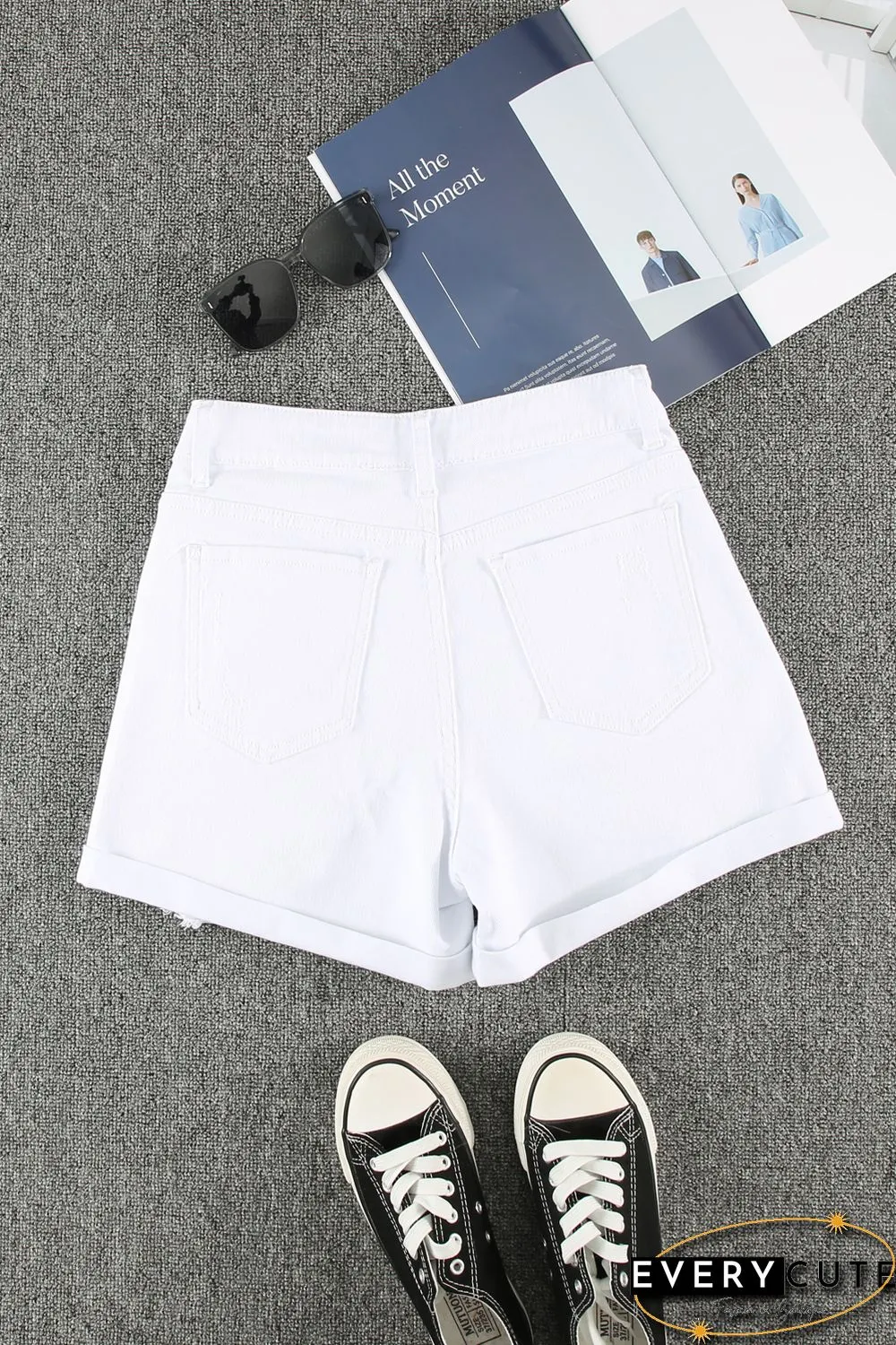 White Rolled-up High Waist Distressed Denim Shorts