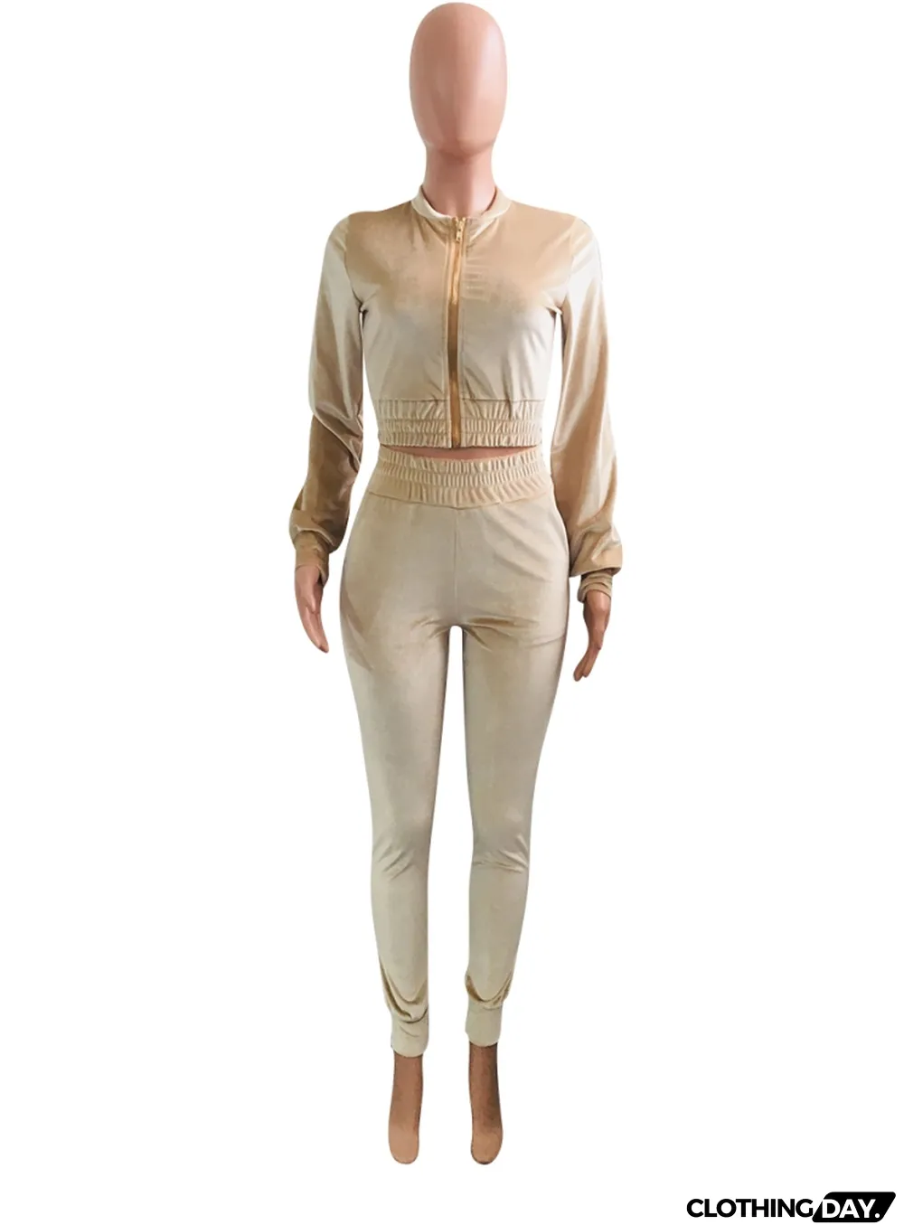 Winter Casual Khaki Velvet Crop Top and Pants 2 Piece Tracksuit