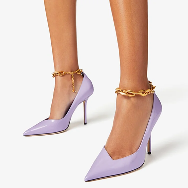 Elegant Purple Lowcut Heels Girl's Pointed Toe Patent Shoes Metallic Chain Ankle Strap Pumps |FSJ Shoes