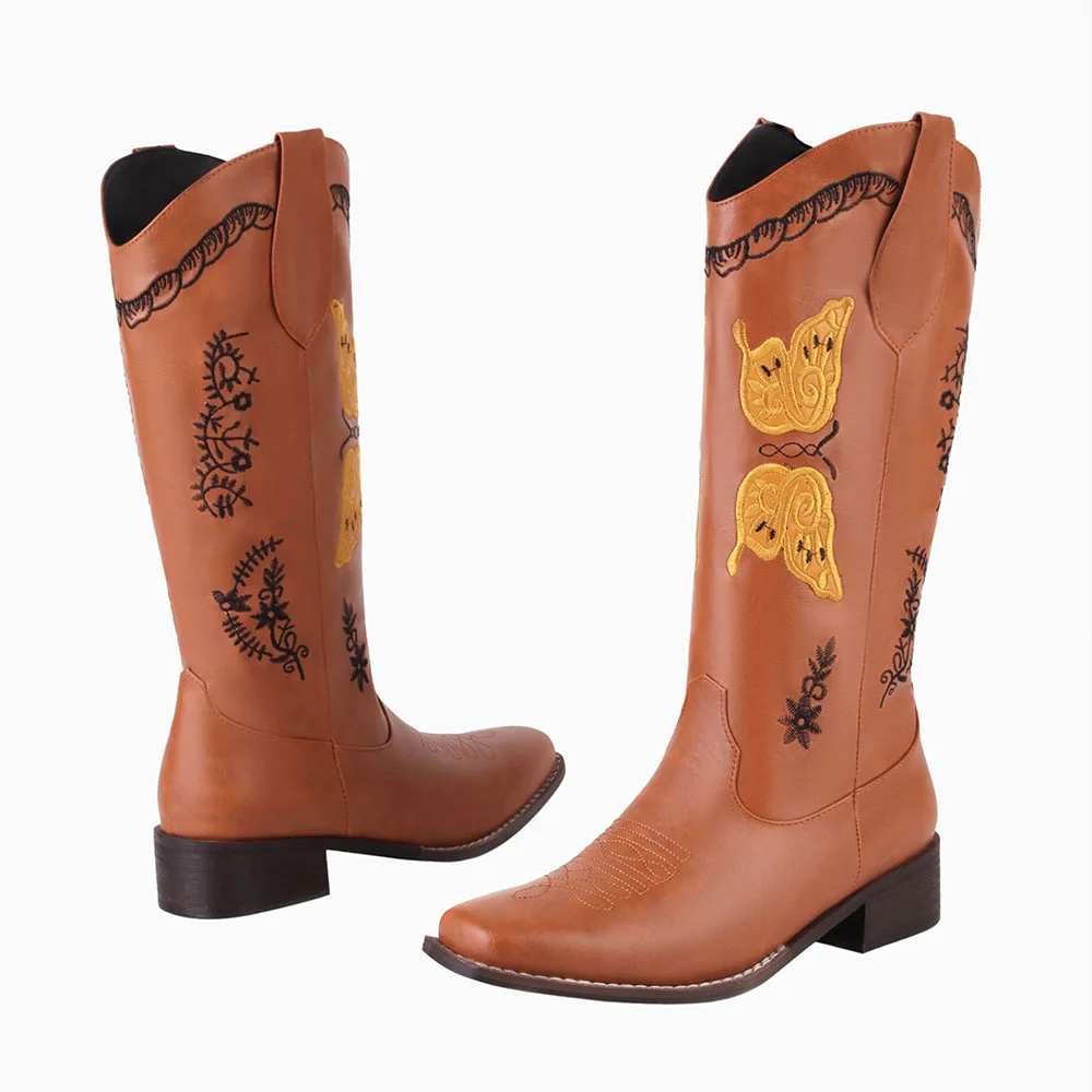 Brown Square Toe Chunky Heel Butterfly Embroidered Cowgirl Boots