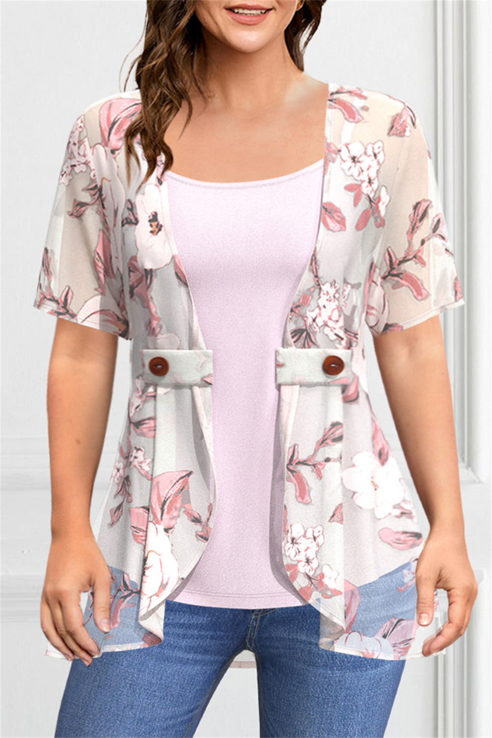Flycurvy Plus Size Dressy Blue Chiffon Floral Print 2 in 1 Blouse 2024 - Flycurvy 