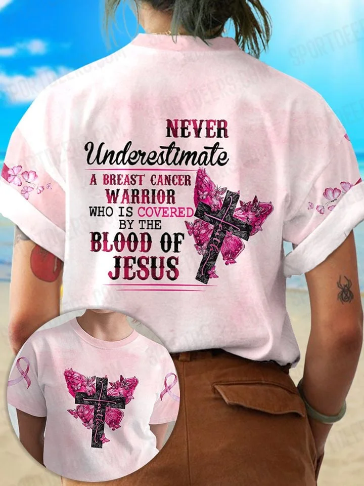 Butterfly Never Underestimate A Warrior Faith Cross Breast Cancer Tee